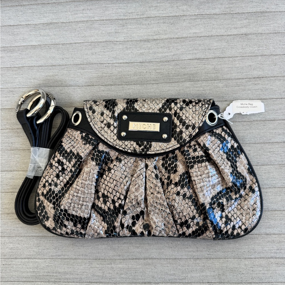 Miche Beige and Black Snake-Print Clutch with Detachable Strap